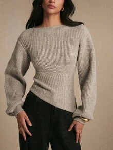 Poéselle Women's Elegant Khaki Ribbed Jacquard Asymmetrical Hem Warm Sweater, Fall Winter Knit Top For Work, Dating, Vacation, Party & Holiday Outfits - Khaki - View 2