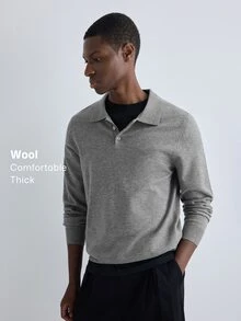 Merionis Men's Solid Color Polo Collar Long Sleeve Casual Versatile Sweater - Light Grey - View 1