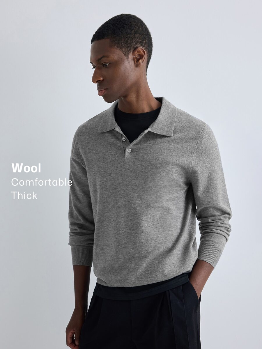 Merionis Men's Solid Color Polo Collar Long Sleeve Casual Versatile Sweater - Light Grey - View 1