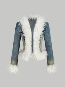 SHEIN Women's Patchwork Faux Fur Long Sleeve Open Front Denim Jacket - Blue - View 1