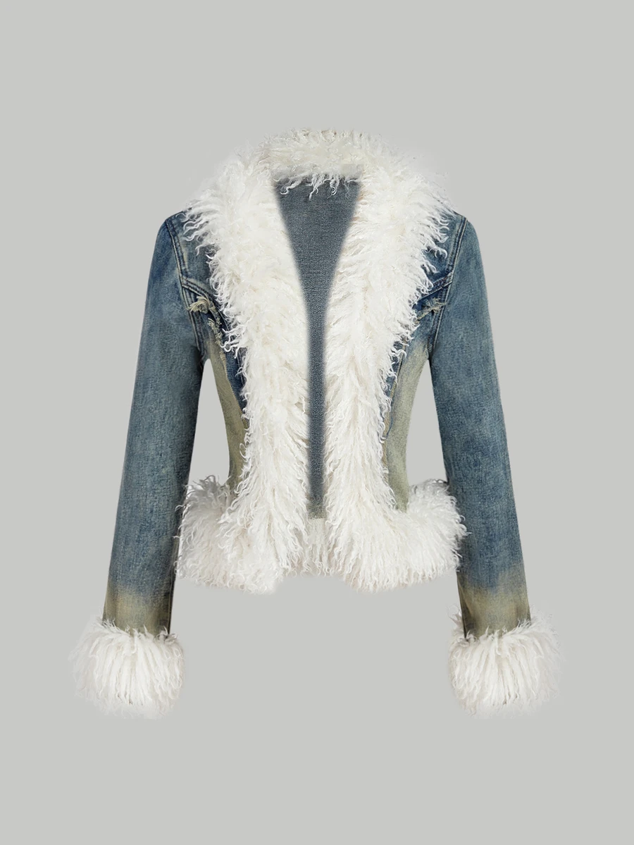 SHEIN Women's Patchwork Faux Fur Long Sleeve Open Front Denim Jacket - Blue - View 1