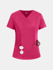 TaskEZ Women's Matte Wrap Top With 2 Pockets And Princess Seams On Back - Hot Pink - View 11