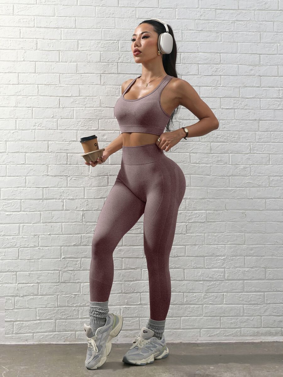 Dewbera Dewbera 女款純色短版背心與高腰緊身褲運動套裝 - 棕色 - 查看 1