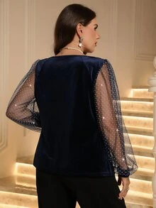 EMERY ROSE Women's Plus Size Blue Velvet Patchwork Sequin Mesh Long Sleeve Cowl Neck Top - Blue - View 2