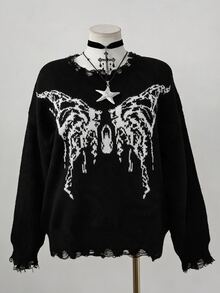 GlowEve CURVE Plus Size Autumn/Winter Fashion Butterfly Pattern Sweater Halloween Going Out Concert Black Goth 90s - Black and White - View 8