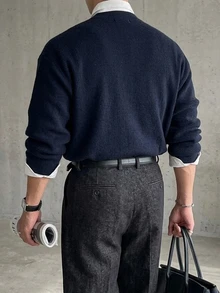 DAZY Spring/Autumn Navy Blue Long Sleeve Crew Neck Loose Fit Men's Sweater - Navy Blue - View 2