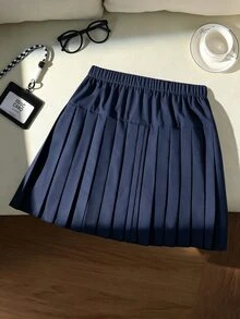 SHEIN 1件少女學院風百褶迷你裙，秋季服飾，海軍藍蝴蝶結雙排扣高腰裙，適合上學、日常穿著與外出 - 藏蓝色 - 查看 2