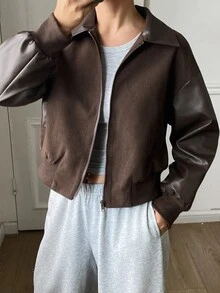 Livesso Jaket Fashion Kasual Longgar Warna-Blok Musim Gugur/Dingin - Coffee Brown - View 5