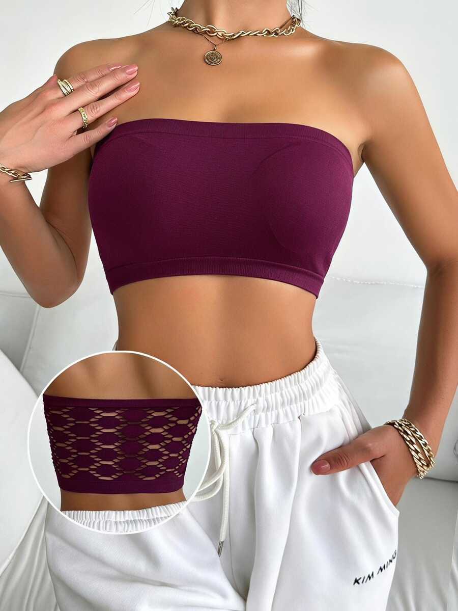 SHEIN 1件女款純色鏤空無縫抹胸式內衣 - 中紫紅色 - 查看 1