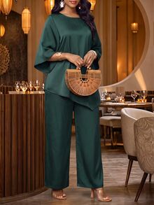 Fleurora Women's Solid Color Round Neck Bell Sleeve Asymmetrical Hem Blouse And Long Pants Casual 2 Pieces Set - Green - View 4