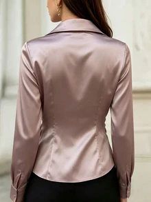 SHEIN Women's Elegant Satin Premium Asymmetric Collar Button-Down Shirt - Dusty Purple - View 3