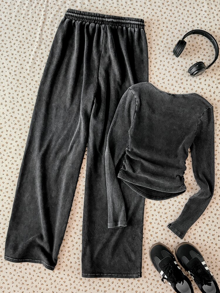 SHEIN Teen Girls Teen Girl Autumn Black Snowflake Print Fitted Street Style Star Knit Ribbed Square Neck Long Sleeve T-Shirt And Casual Minimalist Retro Streetwear Snowflake Print Casual Pants 2 Pieces Set, Suitable For Autumn/Winter Layering - Dark Grey - View 2