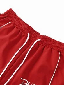 ROMWE MEN Street Life Pantalones holgados con cordón en la cintura y estampado de letras para hombre - Rojo - Ver 2