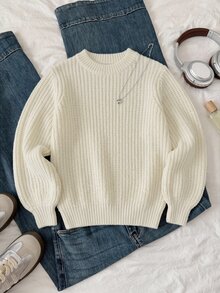 SHEIN 青少年女孩純色圓領長袖休閒毛衣 - 杏色 - 查看 4