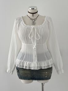 Sunspun Cute Square Neck Long Sleeve Fitted Petal Sleeve Cropped Blouse Plus Size Autumn - White - View 5