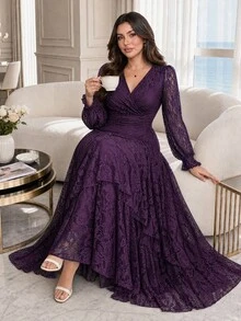 Auveirra Plus Size Women V-Neck Long Sleeve Patchwork Ruffle Elegant Lace Dress Fall - Purple - View 1
