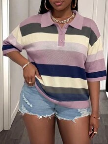 Slaydiva Plus Size Women's Colorblock Casual Daily Wear Knit Top - Multicolor - View 3