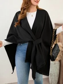 EMERY ROSE Cardigan Syal Rumbai Modis Warna Polos Ukuran Plus Wanita - Hitam - View 1