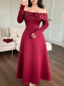 Feyla Women's Elegant Off-Shoulder Floral Embroidered Dress - Burgundy - View 2