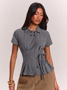 SHEIN BAE Women's Striped Button Design Side Waist Knot Short Sleeve Shirt - Dark Grey - View 4
