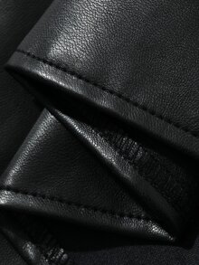 Strévra Women's Solid Color PU Leather Long Sleeve Zipper Front Casual Jacket Fall - Black - View 7