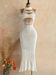 Soleia Women's Solid Color Cutout Design Fitted Sexy Halter Neck Knit Dress - Apricot - View 7