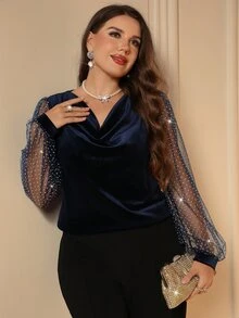 EMERY ROSE Women's Plus Size Blue Velvet Patchwork Sequin Mesh Long Sleeve Cowl Neck Top - Blue - View 1