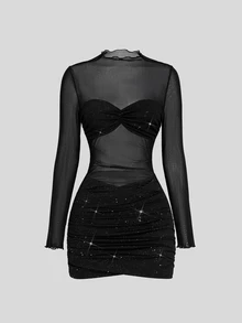 Sweetra New Shiny Mesh Patchwork Mini Dress, Party Style, Suitable For Party And Street Wear - Black - View 3