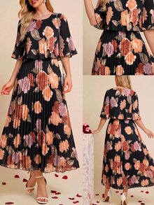 Amorya 女款優雅派對花卉印花百褶洋裝 - 黑色 - 查看 3