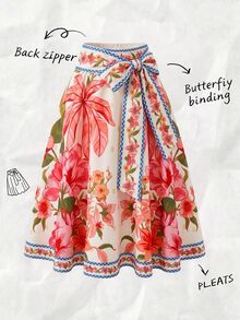 SHEIN Clasi Tropical Print Tie-Up A-Line Skirt, Suitable For Vacation, Comfortable To Wear - Multicolor - View 1