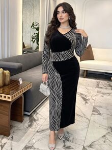 Modelyn Gold & Silver Metallic Zebra Print Patchwork Velvet Fitted Bodycon Long Sleeve Elegant Plus Size Women's Dress, Suitable For Date & Party Occasions - Multicolor - View 3