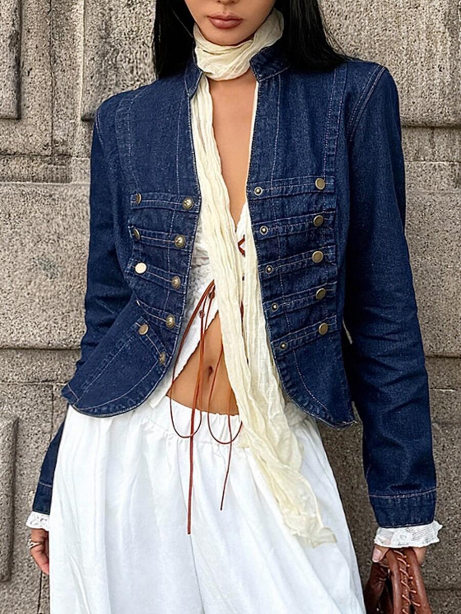 StreetHx Fashion Casual Vintage Street Style Napoleon Button Denim Jacket - Dark Wash - View 1