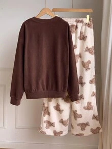 Comfortcana Women's Cartoon Bear Pocket Design Long Sleeve Top And Pants Casual 2 Pieces Set - Multicolor - View 2
