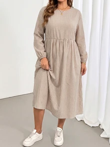 Shapeblank Women's Striped Textured Fabric Plus Size Round Neck Long Sleeve Apricot Dress, Suitable For Autumn, Party, Vacation, Date, Back To School - Khaki - View 5
