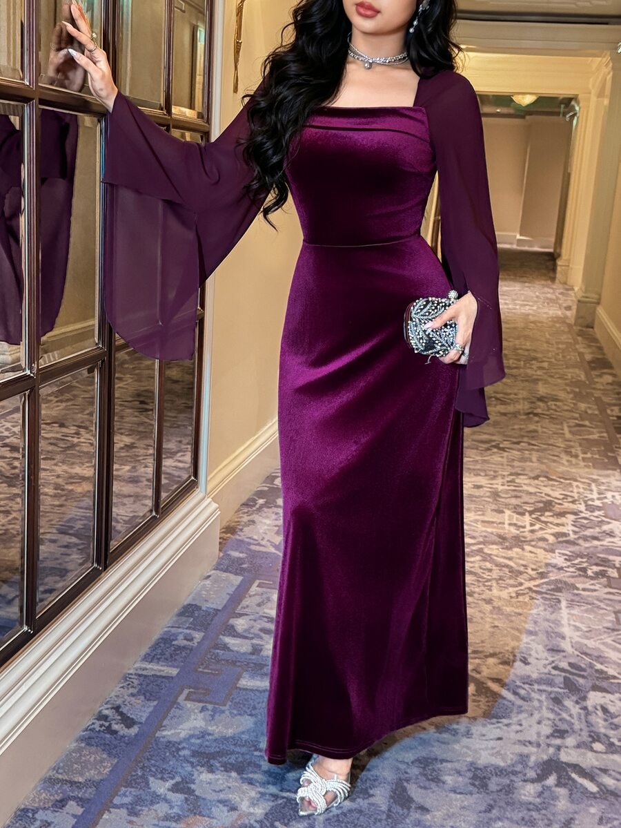 Feyla Women's Solid Color Square Neck Split Sleeve Elegant Long Dress - Purple - View 1