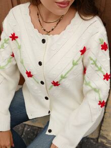 EMERY ROSE كارديجان محبوك بأكمام طويلة وزر واحد للنساء بمقاسات كبيرة مزين بزخارف زهرية ثلاثية الأبعاد - لون مشمشي - مشاهدة 4