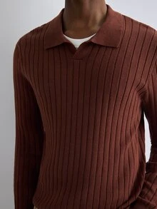 Merionis 男士淺棕色領口長袖休閒毛衣 - 巧克力棕 - 查看 8
