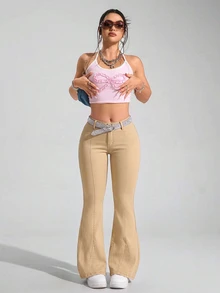 Jeanoix Y2K Plus Size Women's Stretch Denim Jeans Light Khaki Flare Jeans Cowboy For Women - Khaki - View 3