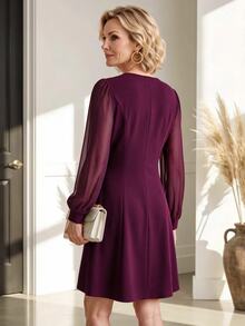 Miaspire Women's Solid Color Contrast Mesh Long Sleeve Elegant Dress - Red Violet - View 2