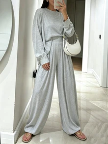 INAWLY Setelan Kasual Wanita 2 Potong: Kaos Lengan Panjang Leher Bulat Bahu Longgar Warna Polos dan Celana Panjang - Grey - View 3