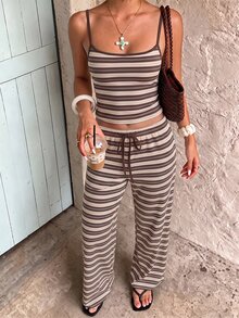 Aloruh Setelan Camisole & Celana Bergaris Kasual Nyaman untuk Wanita di Awal Musim Gugur, Setelan Bergaris Y2K, Cocok untuk Dipakai di Rumah, Kencan, Lapisan Dasar Serbaguna untuk Musim Gugur/Dingin - Coklat - View 3