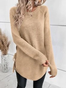 SHEIN Autumn/Winter Casual Versatile Solid Color Side Slit Lace-Up Sweater - Apricot - View 1