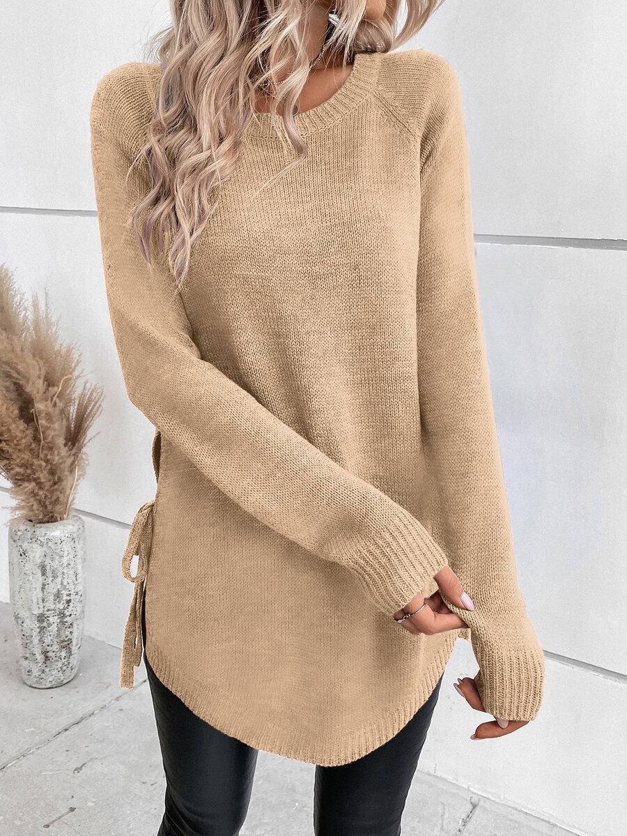 SHEIN Autumn/Winter Casual Versatile Solid Color Side Slit Lace-Up Sweater - Apricot - View 1