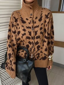 DAZY Autumn/Winter Leopard Print Lapel Single-Breasted Loose Silhouette Cardigan Long Sleeve Slouchy Personalized Street Commute Fashion Women's Open Front Sweater - Brown - View 4