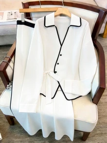 SHEIN Women's Lapel Contrast Trim Tie Long Sleeve Top + Wide Leg Pants 2pcs Set - Black and White - View 3