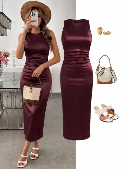 Easowa Round Neck Ruched Waist Bodycon Sleeveless Dress, PU Leather Fabric, Casual Relaxed Elegant Commute Old Money Style, Mid-Length Dress For Women, Autumn/Winter