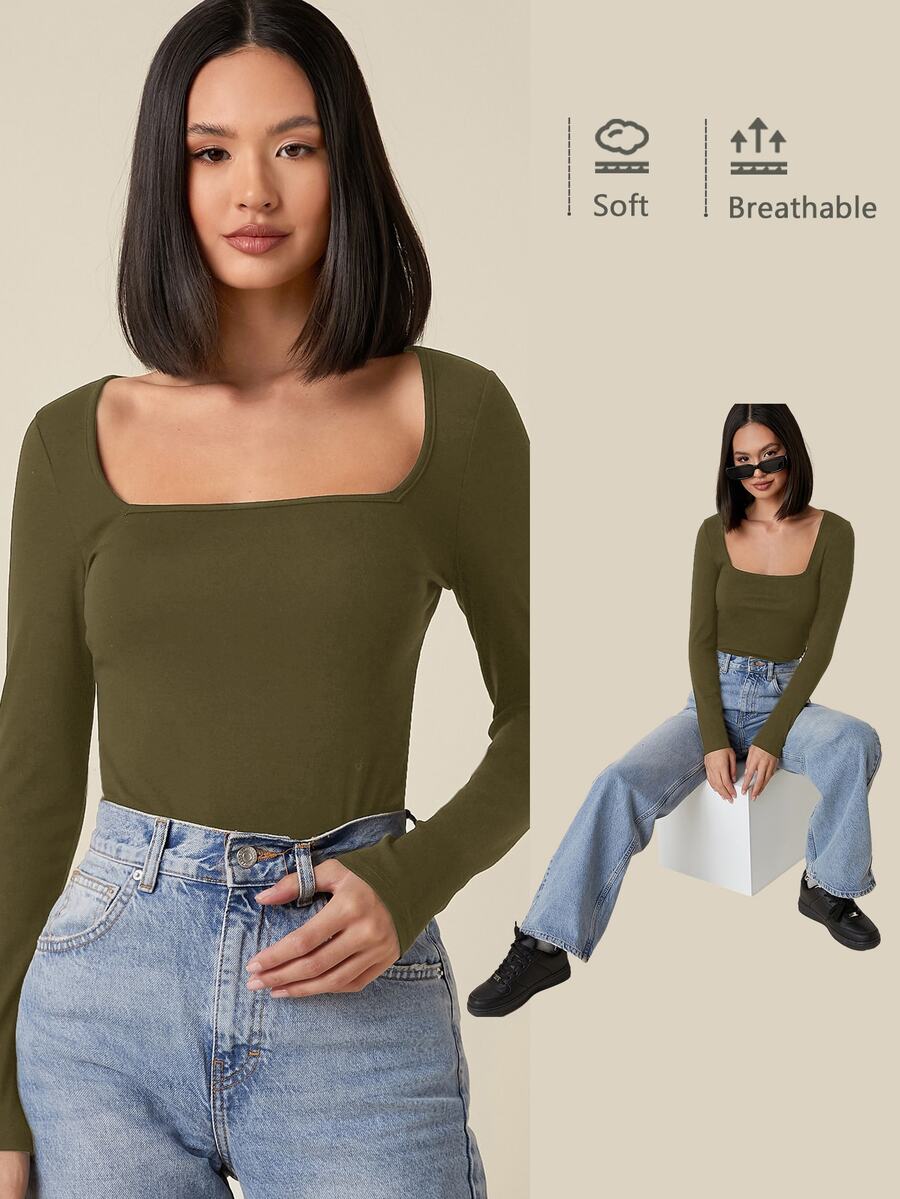 SHEIN BASICS 女款休閒純色方領修身T恤上衣 深綠色 日常與夜生活穿搭 秋季 - 軍綠色 - 查看 1