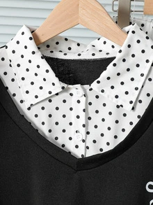 SHEIN 女童休閒兩件套，波點翻領拼接V領短版上衣搭配波點腰寬腿褲，精緻蝴蝶結刺繡，寬鬆舒適版型，歐美校園風，適合幼童與小童日常上學、外出與運動 - 黑色 - 查看 7