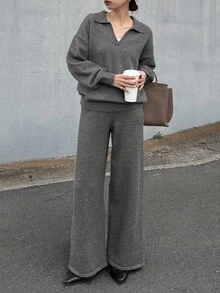 FRIFUL Women's Solid Color Long Sleeve Top And Pants Knit Two Pieces Set - Grey - View 1