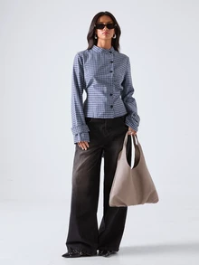 LYSMO Women's Plaid Long Sleeve Single-Breasted Casual French Elegant Stand Collar Shirt Office Brunch White And Navy Fall - Blue - View 1